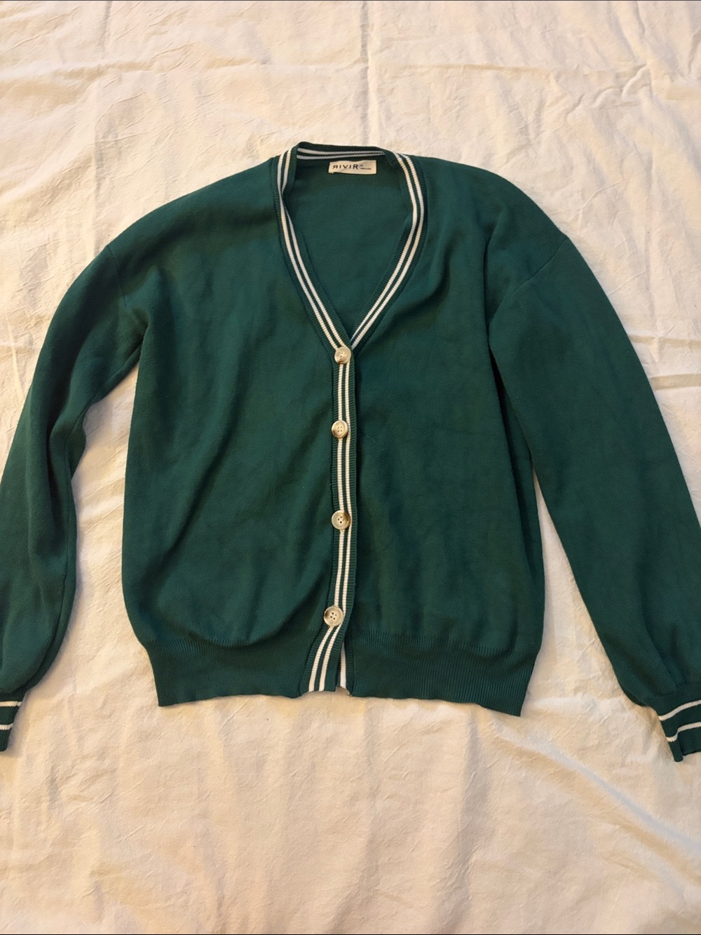 Rivir Green V-Neck Button-Front Cardigan with White Trim